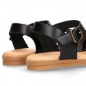 BLACK Nappa leather girl sandal shoes with RAFFIA design.