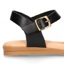 BLACK Nappa leather girl sandal shoes with RAFFIA design.