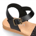 BLACK Nappa leather girl sandal shoes with RAFFIA design.