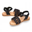 BLACK Nappa leather girl sandal shoes with RAFFIA design.