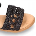 BLACK Nappa leather girl sandal shoes with RAFFIA design.