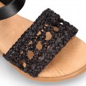 BLACK Nappa leather girl sandal shoes with RAFFIA design.