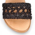 BLACK Nappa leather girl sandal shoes with RAFFIA design.