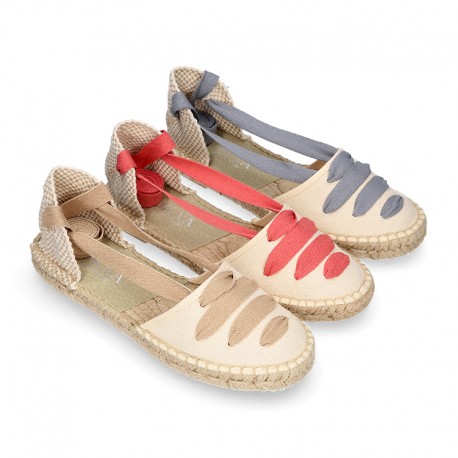 PIQUE Cotton Canvas Girl espadrille shoes with ties closure design in trendy colors.