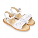 WHITE Nappa Leather Girl Sandal shoes with BOW and waves.