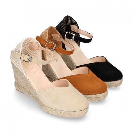 Suede leather woman wedge espadrille shoes with TULIP shape design.