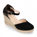 Suede leather woman wedge espadrille shoes with TULIP shape design.