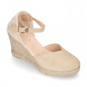 Suede leather woman wedge espadrille shoes with TULIP shape design.