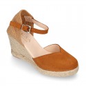 Suede leather woman wedge espadrille shoes with TULIP shape design.