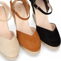 Suede leather woman wedge espadrille shoes with TULIP shape design.