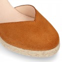 Suede leather woman wedge espadrille shoes with TULIP shape design.