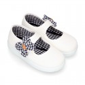 Cotton canvas girl Mary Jane shoes with hook and loop strap closure with FLOWER design.