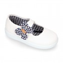 Cotton canvas girl Mary Jane shoes with hook and loop strap closure with FLOWER design.