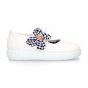 Cotton canvas girl Mary Jane shoes with hook and loop strap closure with FLOWER design.