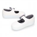 Cotton canvas girl Mary Jane shoes with hook and loop strap closure with FLOWER design.