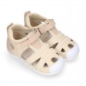 Combined leather OKAA FLEX kids Sandal shoes laceless and with toe cap.