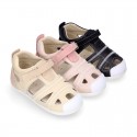 Combined leather OKAA FLEX kids Sandal shoes laceless and with toe cap.