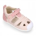 Combined leather OKAA FLEX kids Sandal shoes laceless and with toe cap.