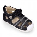 Combined leather OKAA FLEX kids Sandal shoes laceless and with toe cap.