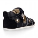 Combined leather OKAA FLEX kids Sandal shoes laceless and with toe cap.