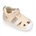 Combined leather OKAA FLEX kids Sandal shoes laceless and with toe cap.