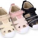 Combined leather OKAA FLEX kids Sandal shoes laceless and with toe cap.