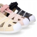 Combined leather OKAA FLEX kids Sandal shoes laceless and with toe cap.