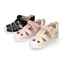 Combined leather OKAA FLEX kids Sandal shoes laceless and with toe cap.