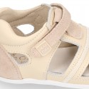 Combined leather OKAA FLEX kids Sandal shoes laceless and with toe cap.