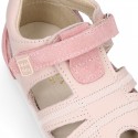 Combined leather OKAA FLEX kids Sandal shoes laceless and with toe cap.