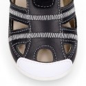 Combined leather OKAA FLEX kids Sandal shoes laceless and with toe cap.