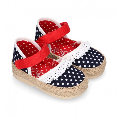 Cotton canvas baby girl espadrille shoes with DOTS and FRILLS design.