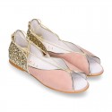 Woman Sandal shoes with ties closure in soft suede leather with gold GLITTER.