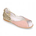 Woman Sandal shoes with ties closure in soft suede leather with gold GLITTER.