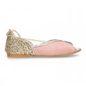 Woman Sandal shoes with ties closure in soft suede leather with gold GLITTER.