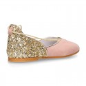 Woman Sandal shoes with ties closure in soft suede leather with gold GLITTER.