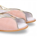 Woman Sandal shoes with ties closure in soft suede leather with gold GLITTER.