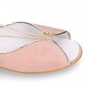 Woman Sandal shoes with ties closure in soft suede leather with gold GLITTER.