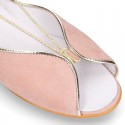 Woman Sandal shoes with ties closure in soft suede leather with gold GLITTER.