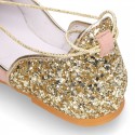 Woman Sandal shoes with ties closure in soft suede leather with gold GLITTER.