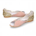 Woman Sandal shoes with ties closure in soft suede leather with gold GLITTER.