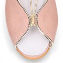 Woman Sandal shoes with ties closure in soft suede leather with gold GLITTER.