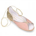 Woman Sandal shoes with ties closure in soft suede leather with gold GLITTER.