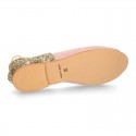 Woman Sandal shoes with ties closure in soft suede leather with gold GLITTER.