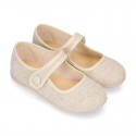 LINEN Cotton canvas Girl Mary Jane shoes with hook and loop strap closure and button.