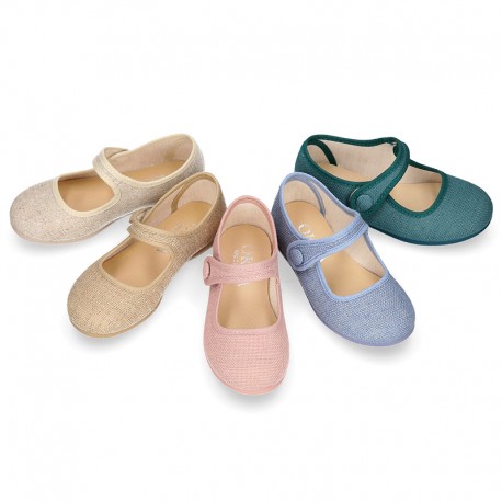 LINEN Cotton canvas Girl Mary Jane shoes with hook and loop strap closure and button.