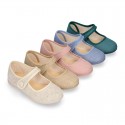 LINEN Cotton canvas Girl Mary Jane shoes with hook and loop strap closure and button.