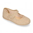 LINEN Cotton canvas Girl Mary Jane shoes with hook and loop strap closure and button.