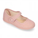 LINEN Cotton canvas Girl Mary Jane shoes with hook and loop strap closure and button.