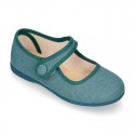 LINEN Cotton canvas Girl Mary Jane shoes with hook and loop strap closure and button.